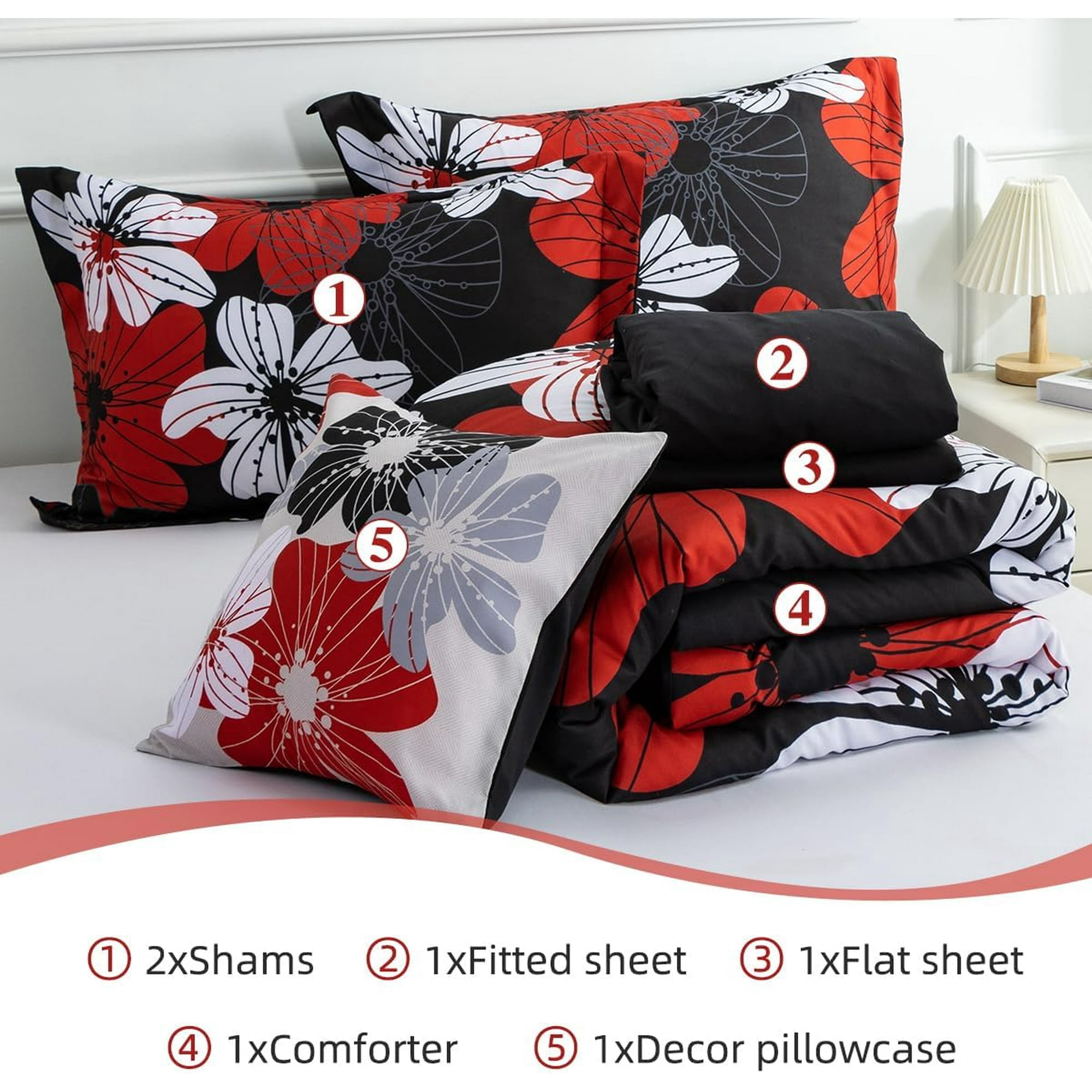 NTBED Floral Comforter Set King 6 PCS Bed in a Bag Red Flowers Printed on Black Botanical Bedding Sets Boho