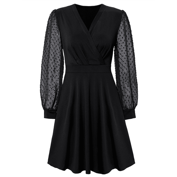 Vestido Corto Fruncido con Escote en V para Mujer, Color Negro, Talla XL