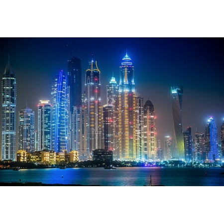 Lights Illuminated Night Skyscrapers Dubai Scenic-20 Inch By 30 Inch Laminated Poster With Bright Colors And Vivid Imagery-Fits Perfectly In Many Attractive Frames