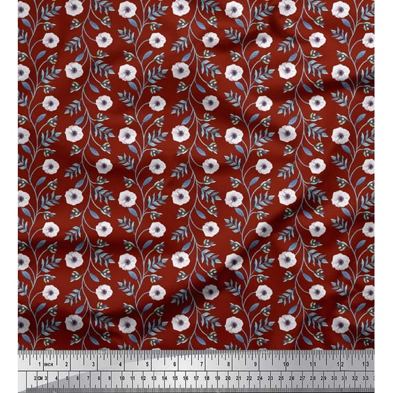Soimoi Red polyester Crepe Fabric Leaves & Anemone Floral Print Fabric by the Yard 52 Inch Wide