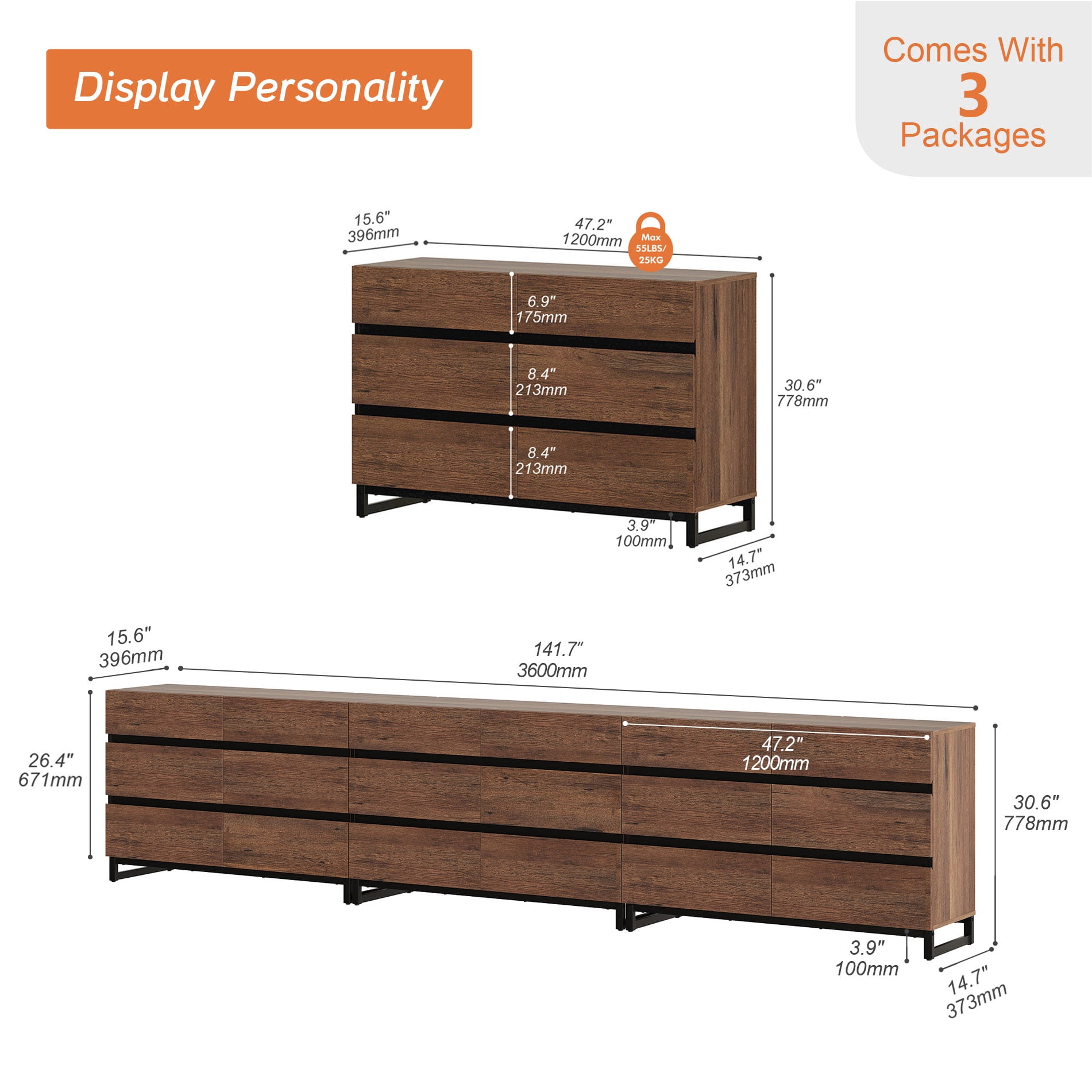 WAMPAT 18-Drawer TV Stand, Modern Extra Large Media Console with Metal Base, Wooden Entertainment Center Fits 120 Inch TV for Bedroom Living Room, Brown