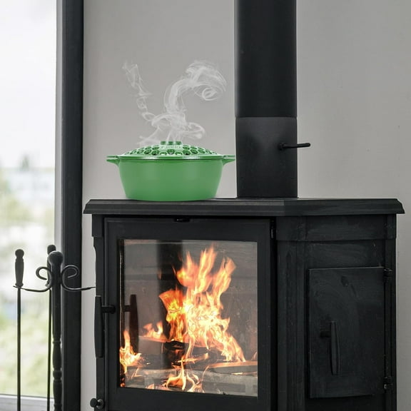 Wood Stove Steamer: Cast Iron Fireplace Humidifier | Indoor Pot for Home Heating | Bowl Fire Place Stove Covers Accessories Decorative | Matte Finish & Rust Resistan & 2.7 Quart, Green