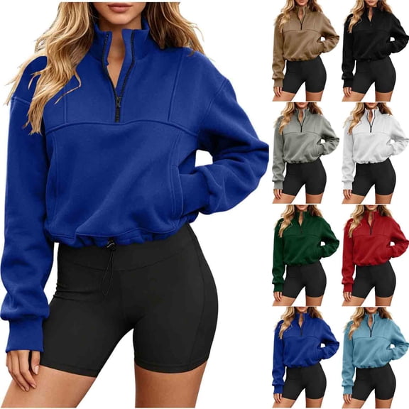 GERsome Cropped Sweatshirts for Women Long Sleeve Quarter Zip Solid Color Drawstring Hem Pullover Blue L