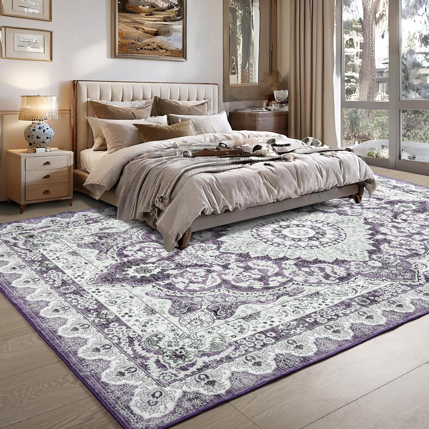 Noahas 5x7 Area Rugs for Living Room, Machine Washable Vintage Rug, Non-Slip Low Pile Throw Rugs with Rubber Backing Washable Carpet for Bedroom Dining Room Kitchen Home Decor, Purple