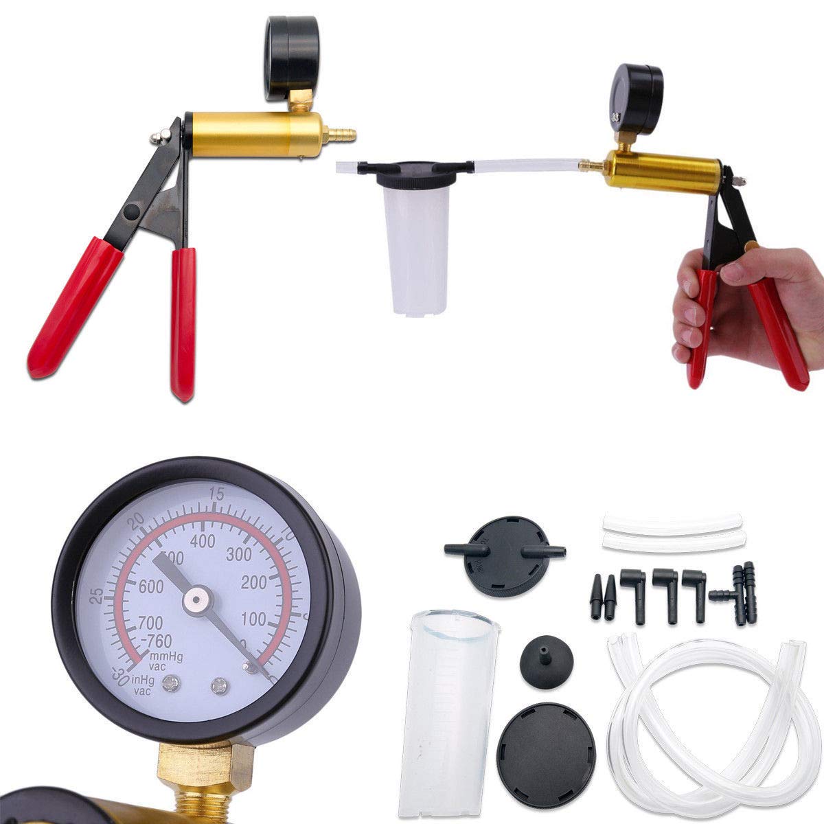 Zerone Hand Vacuum Pump,Hand Held Brake Bleeder Tester Set Bleed Vacuum Pump Kit Tools Hand Held Vacuum Gauge for Automotive Zerone Hand Vacuum Pump,Hand Held Brake Bleeder Tester Set Bleed Vacuum Pump Kit Tools Hand Held Vacuum Gauge for Automotive