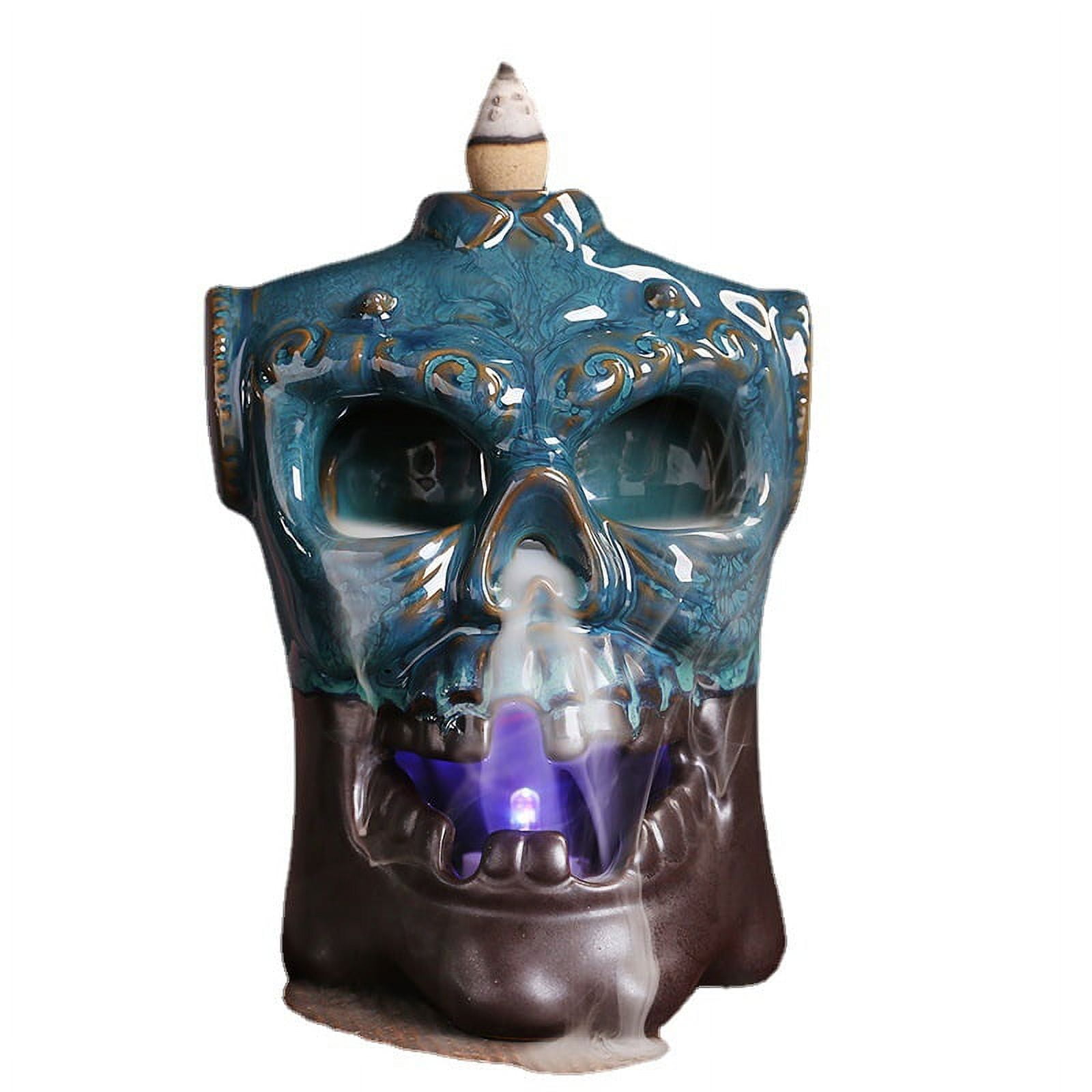Creative European Skull Backflow Incense Burner Ceramic LED Light Backflow Aromatherapy Furnace Holder for Living Room Teahouse Decoration