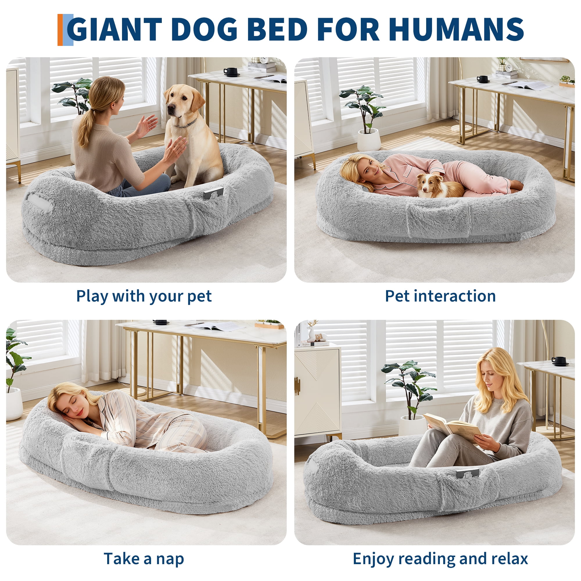 Human Dog Bed for Adult and Pets, Washable Fluffy Faux Fur, Napping Orthopedic Dog Bed with Plump Pillow, Side Pocket, Strap
