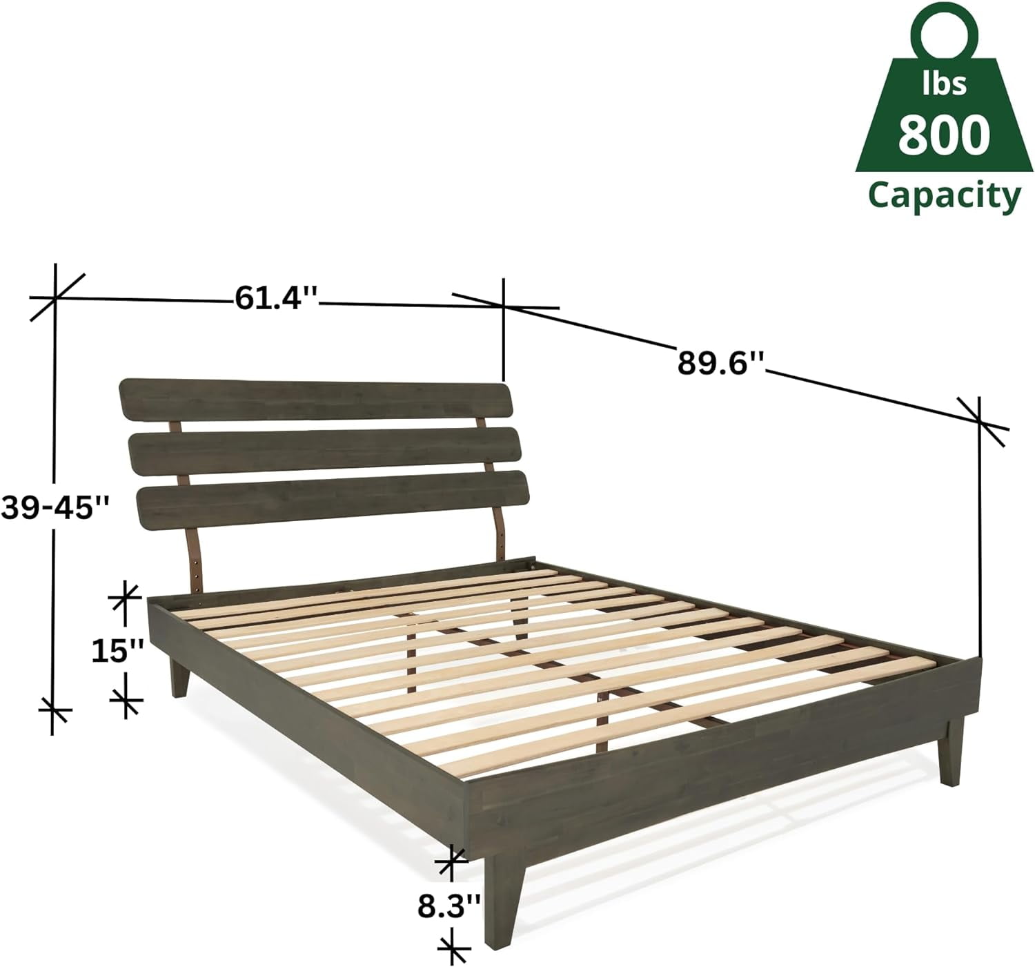 Dalen 45" Bed Frame Queen, Adjustable Headboard, Mid-Century, Solid Wood, Mocha