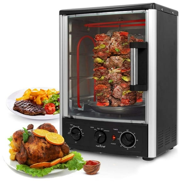 Nutrichef Vertical Countertop Oven with Rotisserie, Bake, Broil, & Kebab Rack Functions - Adjustable Settings - 2 Shelves - 1500W - Thanksgiving Turkey - Includes Gr