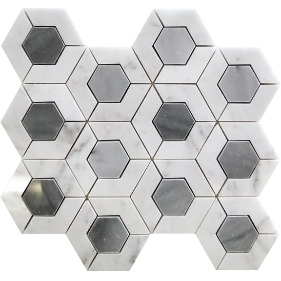 5 pack Gray and White 11.4-in. x 13.0-in. Double Hexagon Polished Bardiglio Nuvolato, Bianco Carrara marble Mosaic Tile (5.15 Sq ft/case)