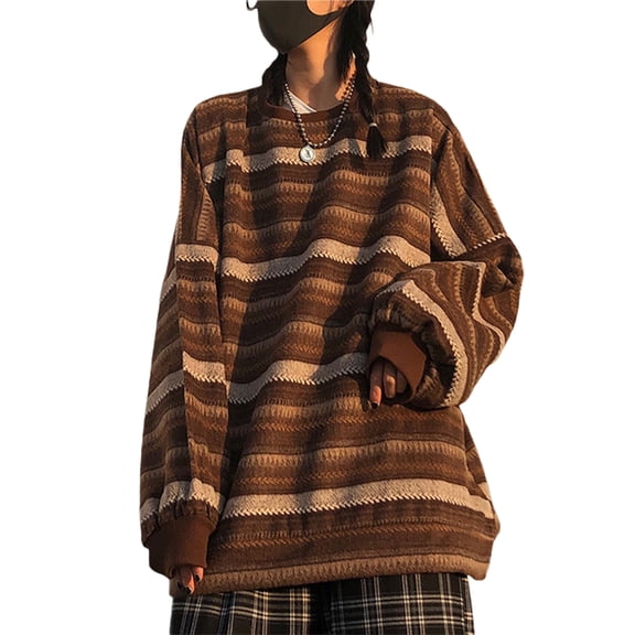 LMLYSoH Women Loose Striped Sweater, Adults Casual Long Sleeve Round Neck Pullover with Pocket