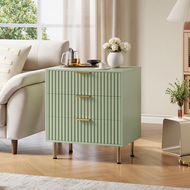 Yeshouse Cómoda acanalada para dormitorio, cómoda con tiradores dorados, cómoda de 3 cajones, mesita de noche moderna para salón, recibidor y recibidor
