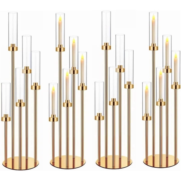 Juego de 4 centros de mesa de 35 pulgadas para velas doradas para mesas, candelabros, centros de mesa de boda, decoración de mesa para velas LED de 0.9 pulgadas