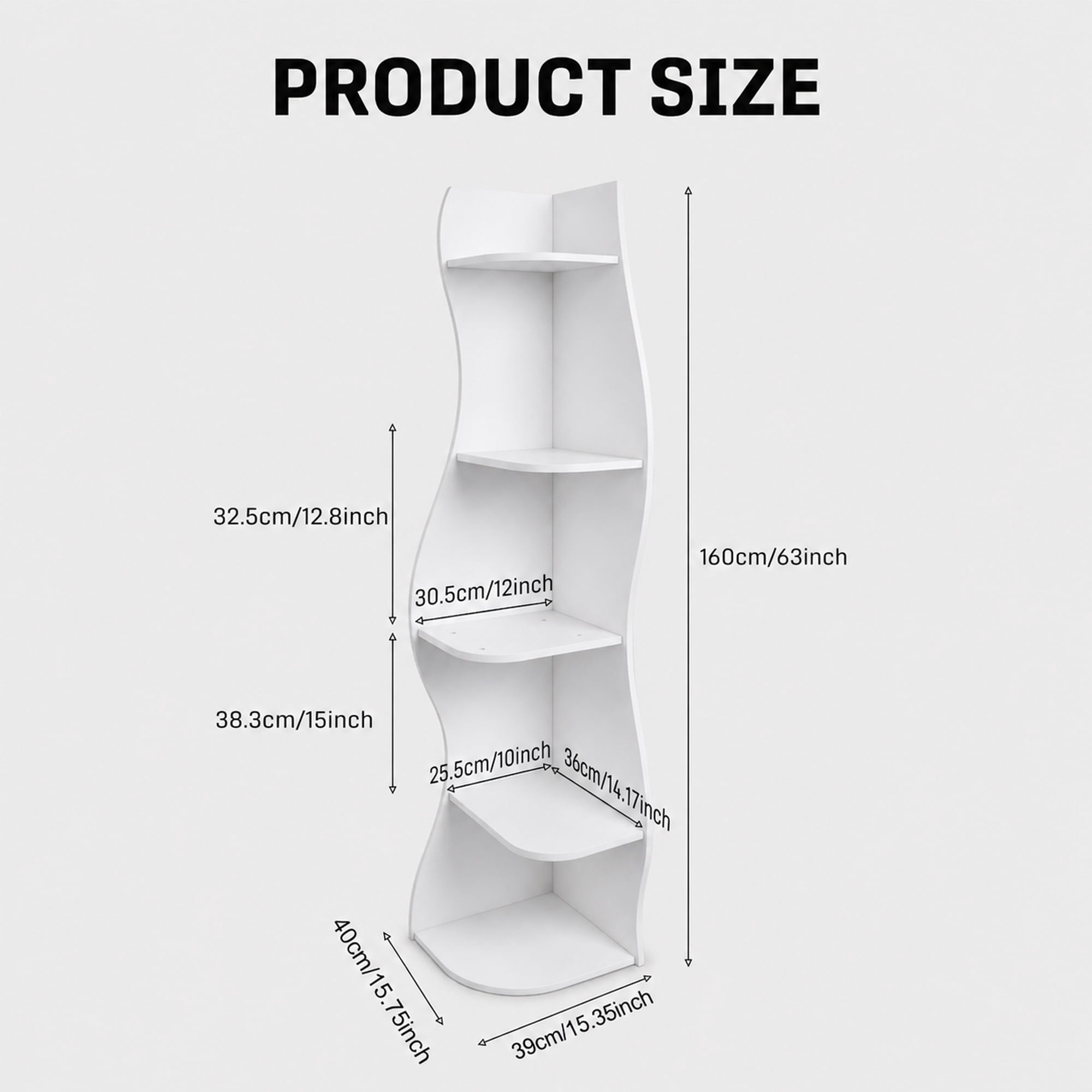 Leumius 5-Tier Bookshelf,Freestanding S-Shaped Corner Shelf Curved Display Rack,Space-Saving Corner Display Bookshelf/Plant Stand for Living Room Home Office,White
