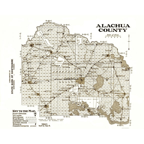 Historic County Map - Alachua County Florida - Kay 1936 - Vintage Wall Art