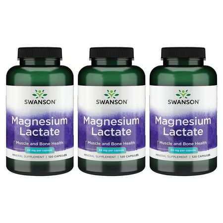 Swanson Magnesium Lactate Supplement, 84mg, Gentle Absorption, Lactose-Free, 120 Capsules (3 Pack)