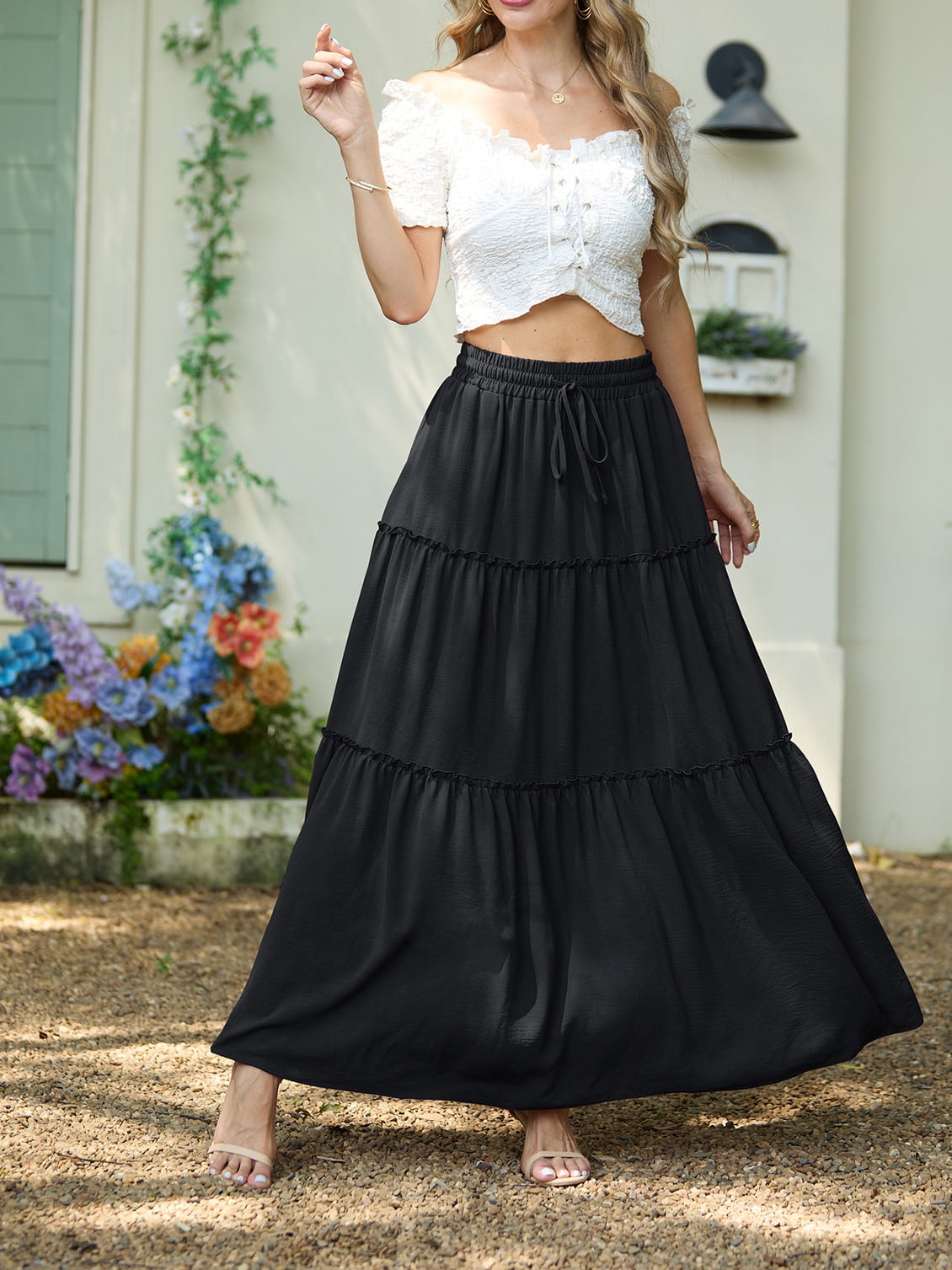 Womens Flowy Long Maxi Skirt Pleated Elastic High Waist Drawstring Tiered Skirts with Pockets