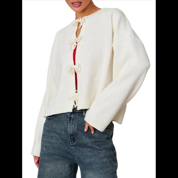 Suéteres Tipo Cárdigan con Lazo Frontal para Mujer, de Punto Grueso, con Mangas Largas Abullonadas, Modernos Abrigos para Otoño e Invierno. XL