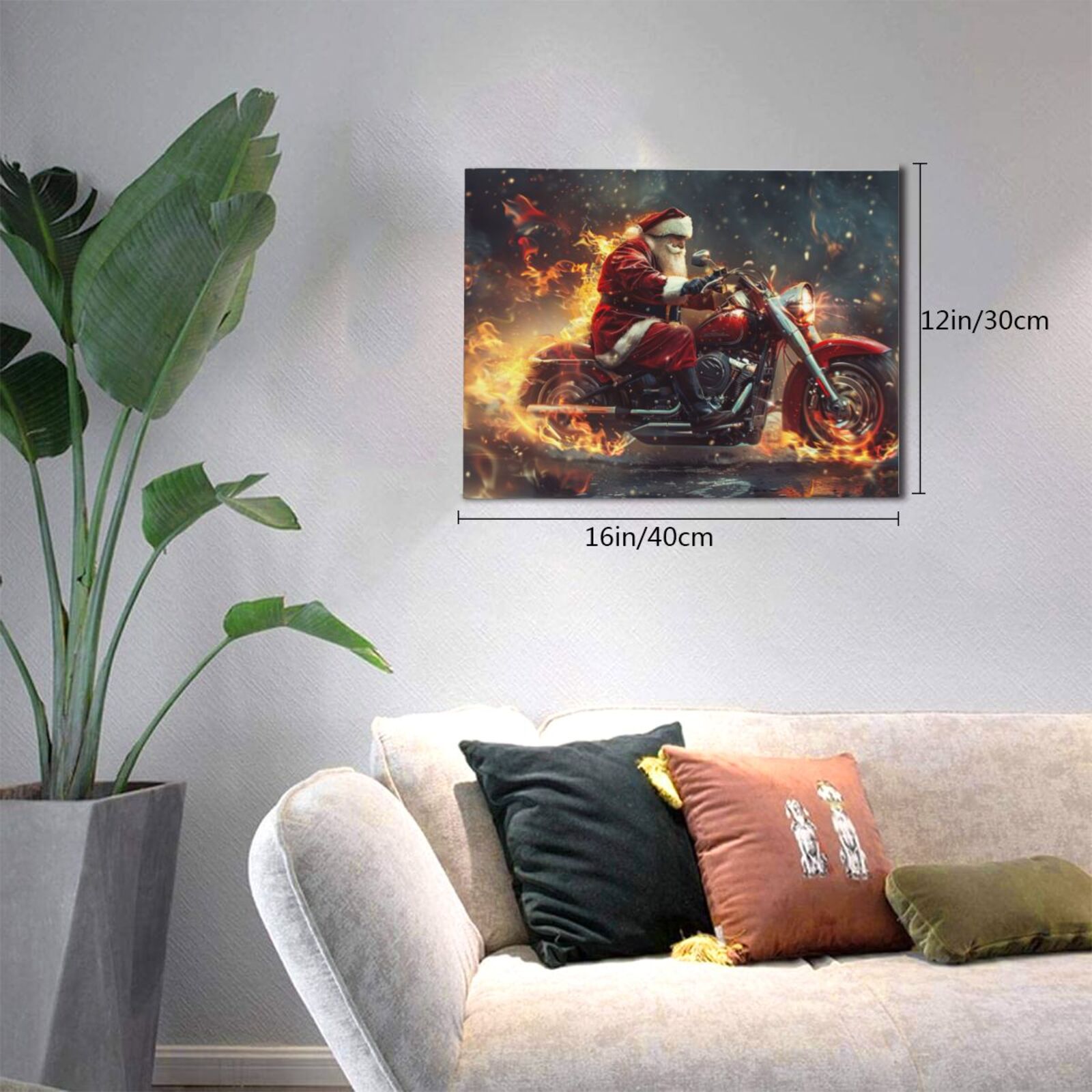 12x16 inch Santa Claus Rides A Flame Motorcycle Canvas Painting Wall Decor Prints,Bar,Garage,Book Room Wall Art Canvas Paintings Decor,Funny Santa Claus Festival Rides Decoration Picture Gift