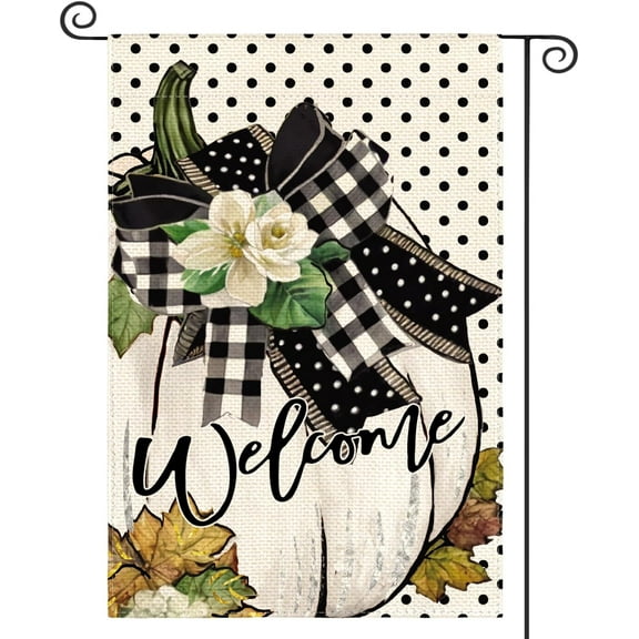Shmbada White Pumpkin Fall Welcome Garden Flag 12x18 Inch Double Sided, Polka Dot Seasonal Thanksgiving Autumn Yard Outdoor Decorative Flag