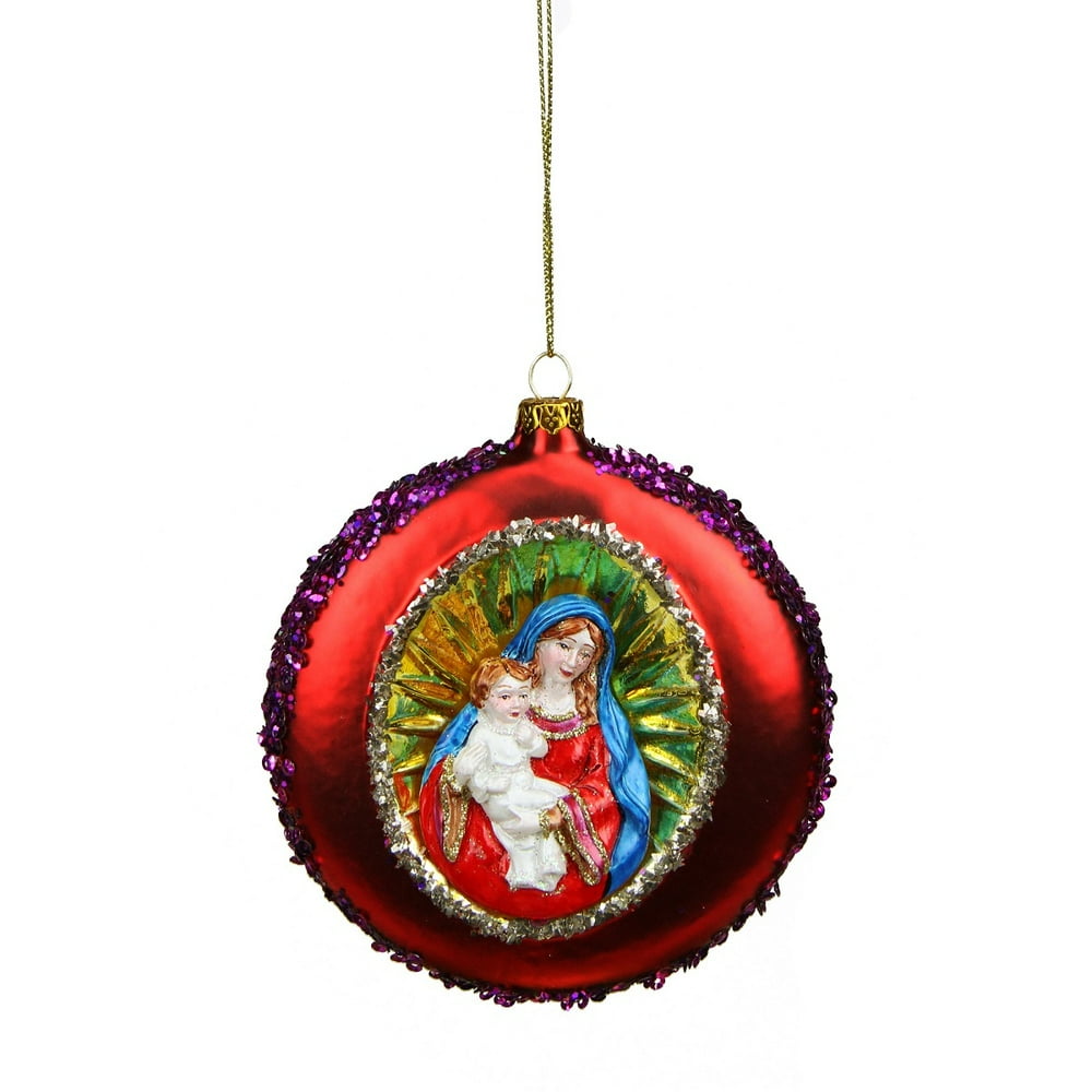4" Mary and Jesus Sequin Religious Glass Disc Christmas Ornament