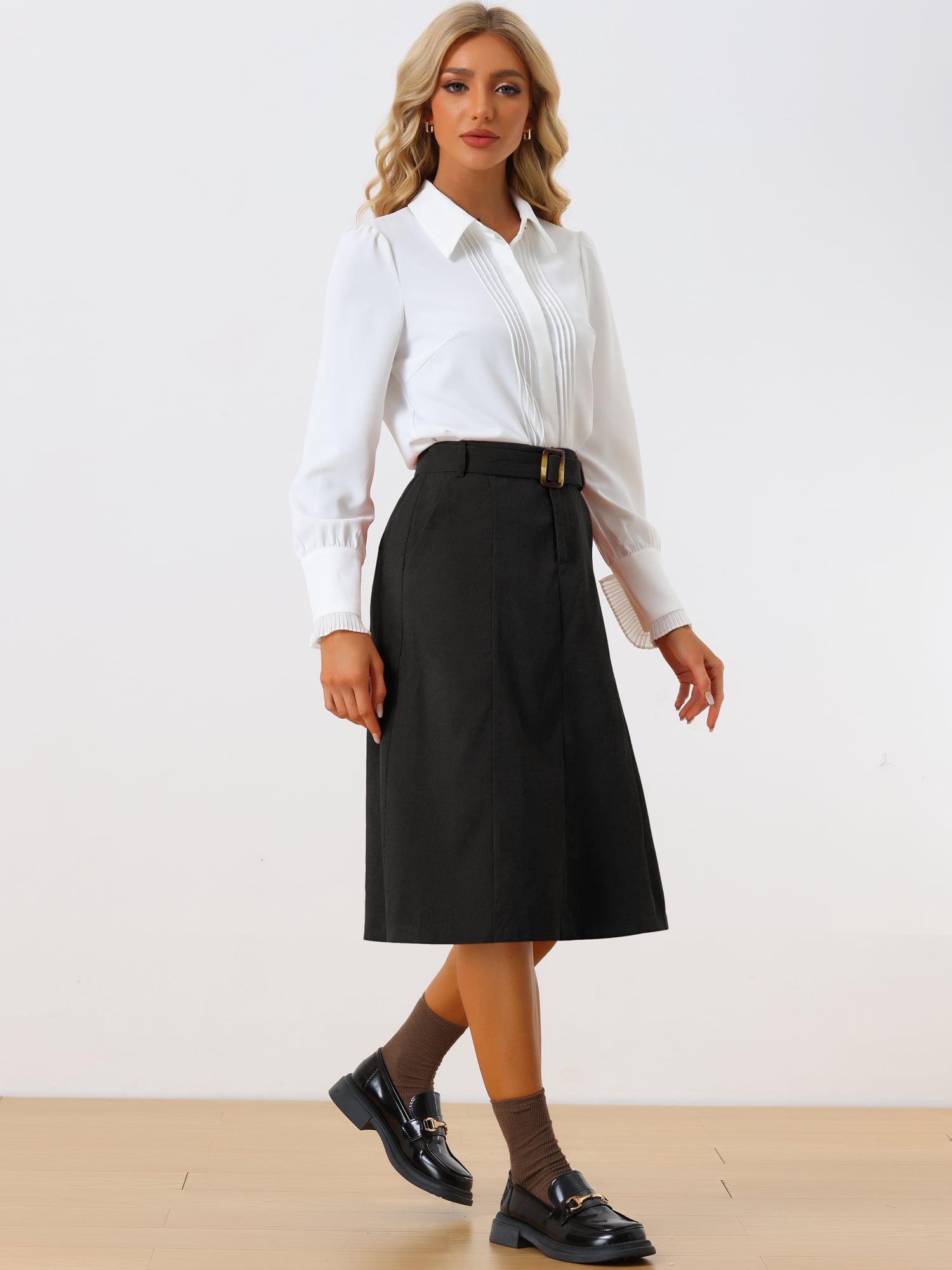 DARING DIVA Women's A-Line Belted Fall Midi Corduroy Skirt S Black