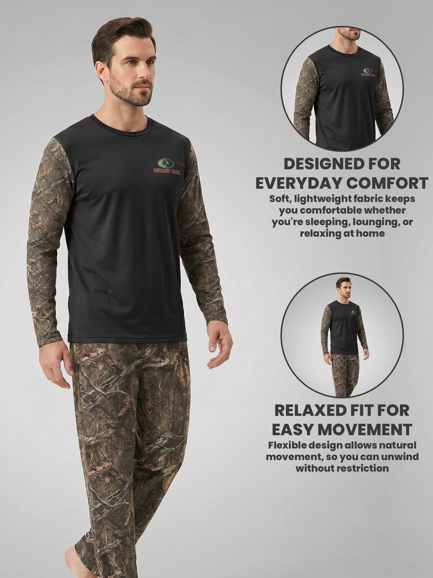 Mossy Oak Men's Pajamas 2-Piece Super Soft Long Sleeve Top and Pant Set, Camo Black, XL