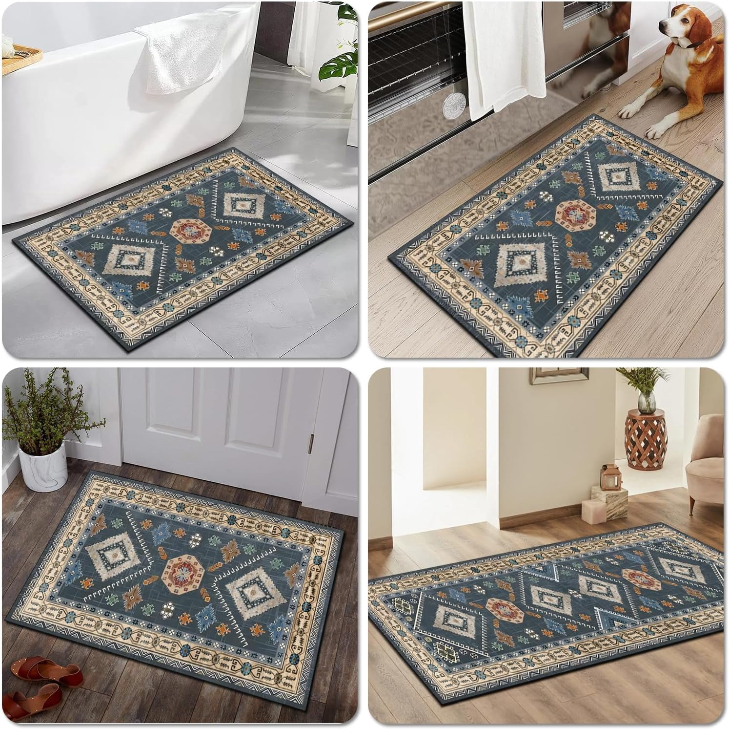 4 Piece Boho Vintage Kitchen Rugs Set with Runner, Non-Slip Kitchen Floor Mats, Soft High Pile Durable Accent Rugs for Kitchen Laundry Hallway Bathroom