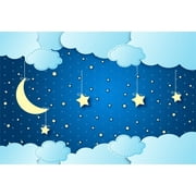 7x5ft Cartoon Clouds Stars Backdrop Baby Shower Banner Hanging Crescent Moon in Night Sky Twinkle Little Star Background Gender Reveal Decoration Photo Studio Props