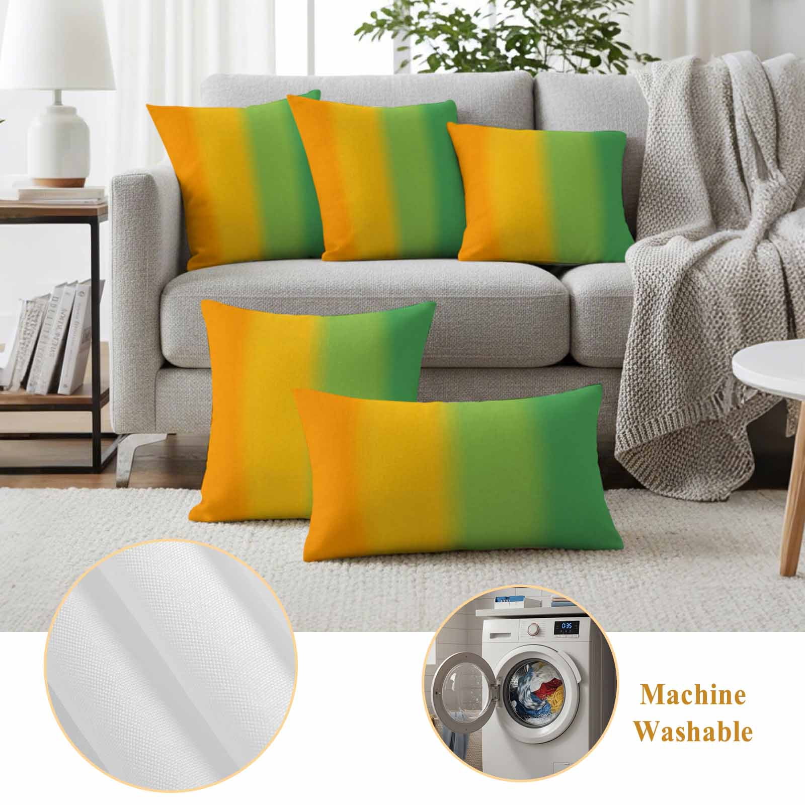 Orange Green Ombre Outdoor Waterproof Throw Pillow Covers 26x26 Set of 2, Color Striped Gradient Decorative Pillowcases Cushion Pillowcase for Couch Sofa Patio Outside Pillow Protector