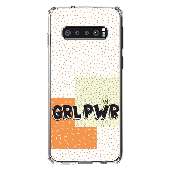 DistinctInk Clear Shockproof Hybrid Case for Samsung Galaxy S10 (6.1" Screen) - TPU Bumper, Acrylic Back, Tempered Glass Screen Protector - Girl Power - GRL PWR - Crown, Polka Dots