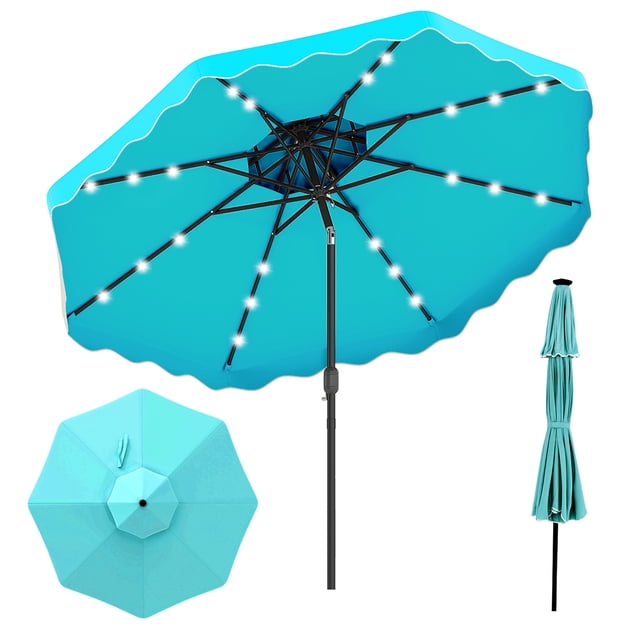 Costway 10 FT Solar LED Patio Umbrella, Push-Button Tilt & Crank, 24 LED Lights & 8 Ribs Turquoise