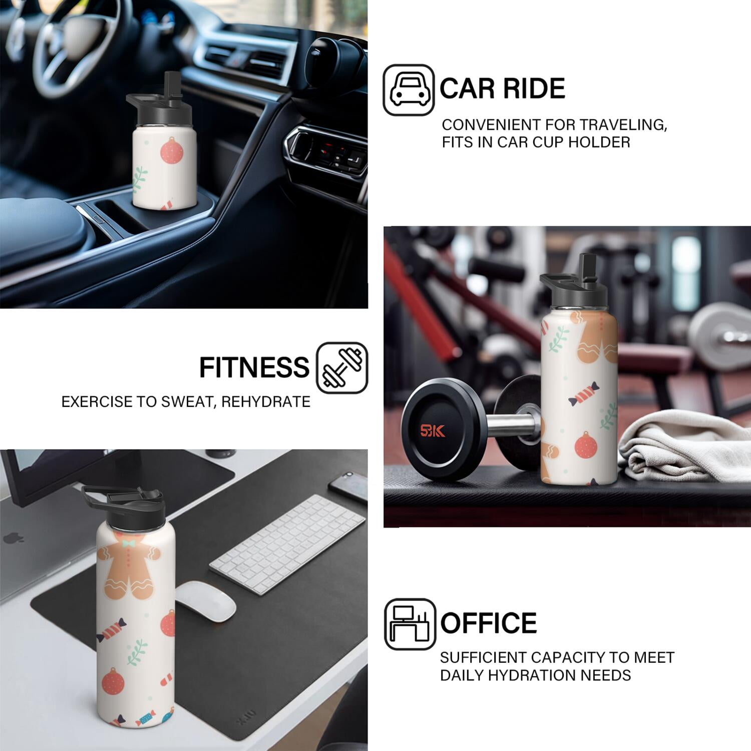 Christmas 18 oz Insulated Stainless Steel Water Bottle with Straw & Cleaning Brush , Leakproof, BPA-Free, 304 Stainless Steel, Wide Mouth, Travel Mug for Car, Gym, Office