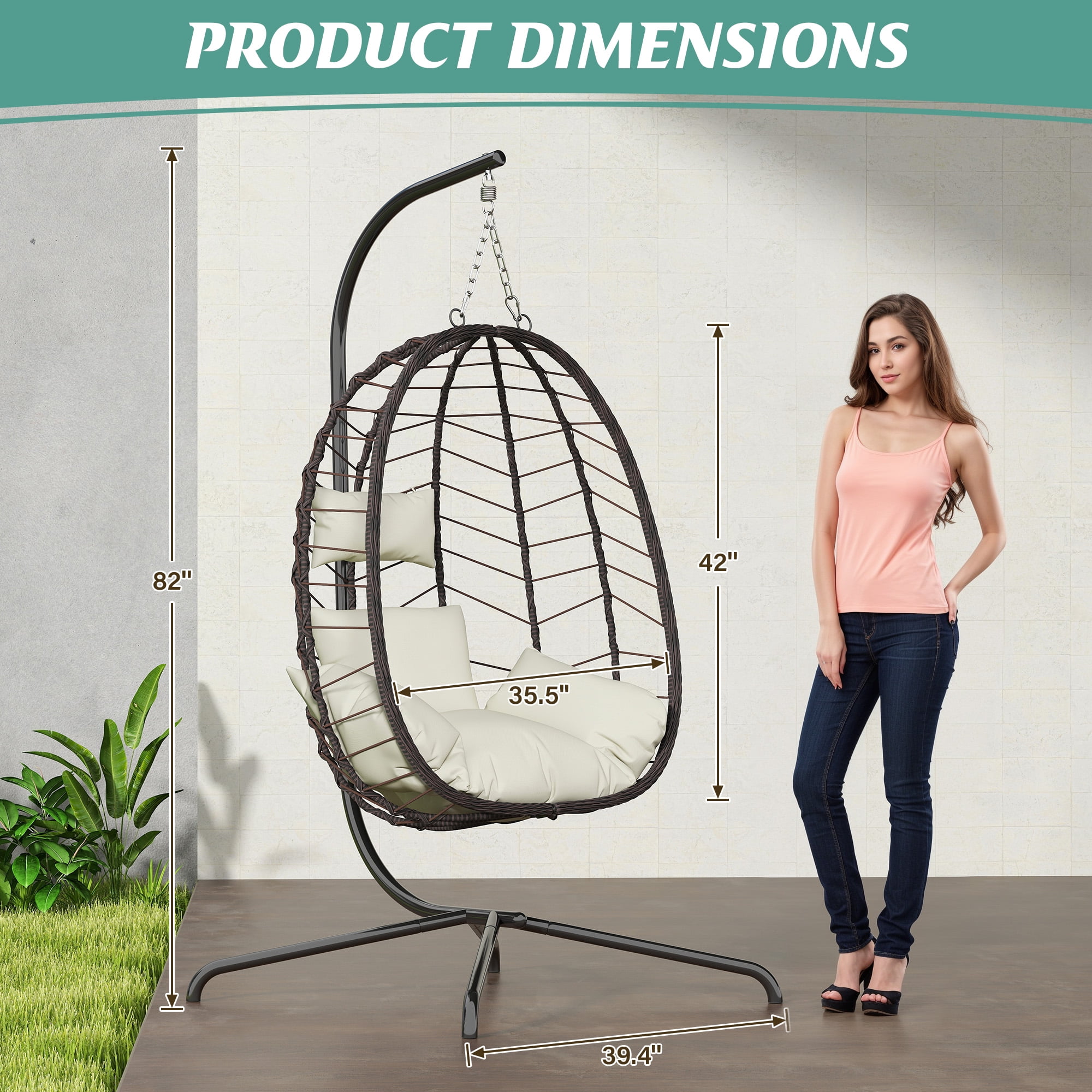 Egg Chair with Stand, Patio Wicker LHBcraft Hanging Chair, Hammock Swing Chair, 350LBS Capacity for Bedroom, Balcony, Garden(BR-BE)
