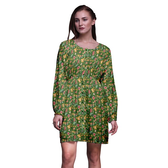 Bimba Robe Midi Verte à Manches Longues pour Femmes, Coupe Décontractée, Imprimée Artistique de Libellules et de Fleurs, Boutonnée - Petit