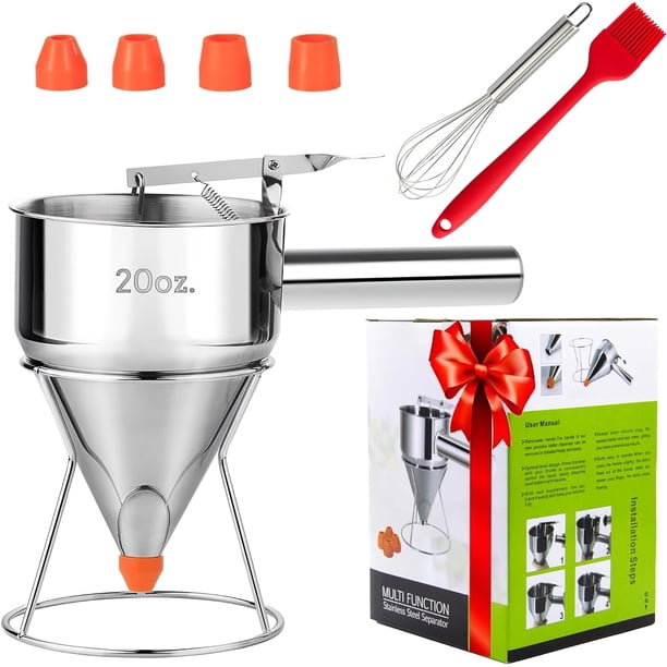 Dispensador de masa para panqueques de acero inoxidable con mango exprimidor - Embudo versátil para hacer pasteles, magdalenas y roti de sal - Vertedor de cera para velas - Duradero, sin fugas y