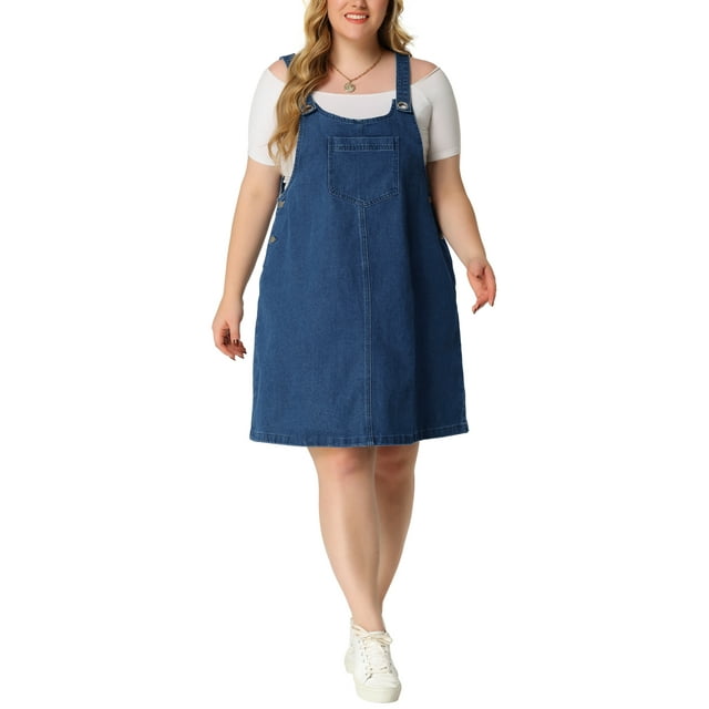 GRACE & GRANDEUR Robe Salopette Sans Manches pour Femme Grande Taille avec Poches, Midi Décontractée en Denim 4X Bleu Foncé