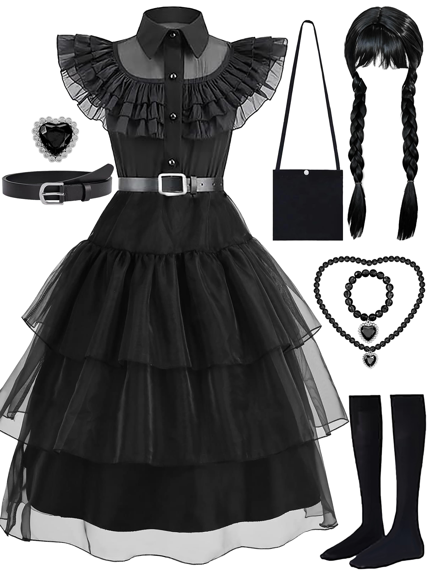 IKALI Girls Halloween Costume Fancy Dress with Wig, Black, 10-12 Yrs