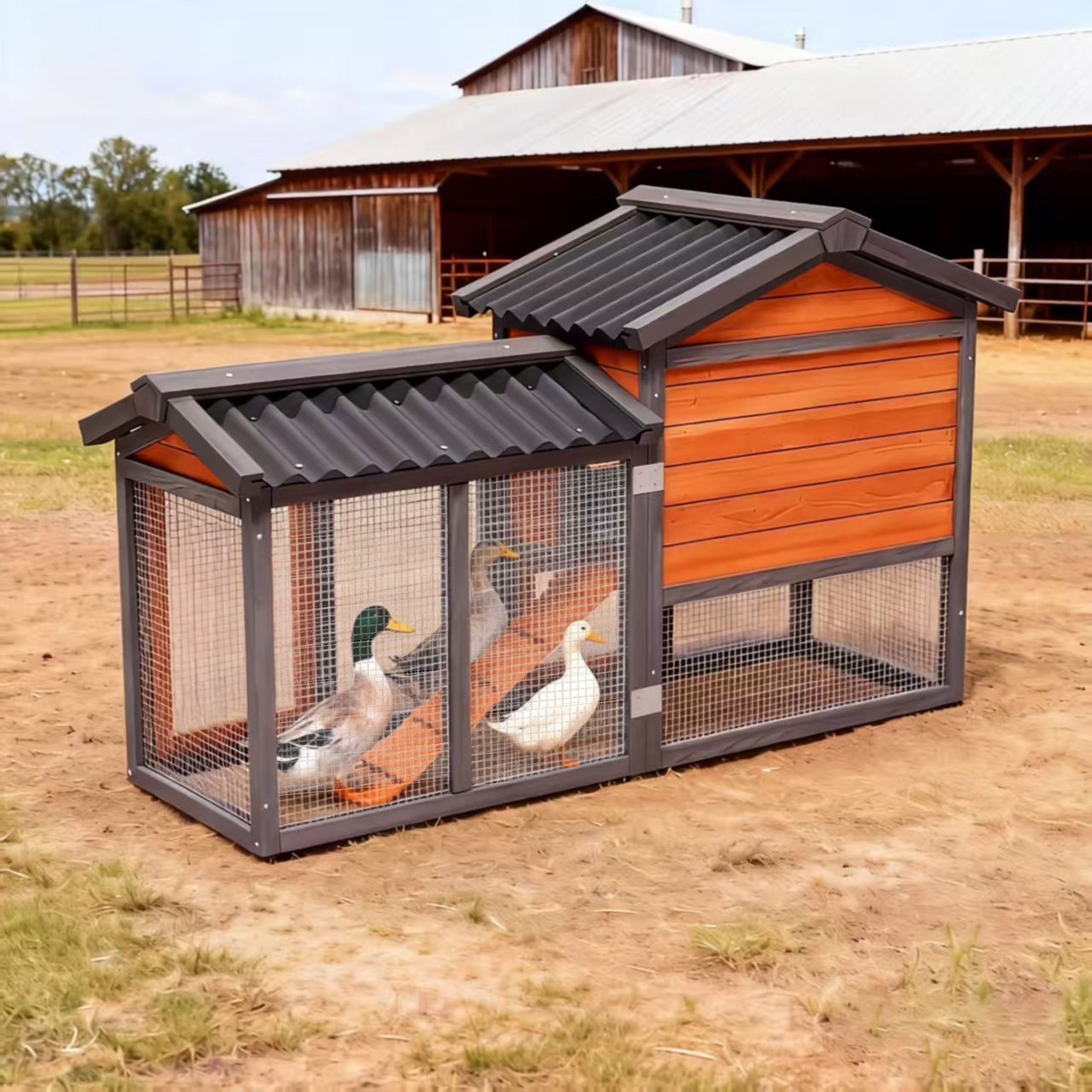 Predator Proof Outdoor 2 Story Duck Condo with Weatherproof Brooder,Duck Hutch with Wire Mesh Run,58",Orange with Black