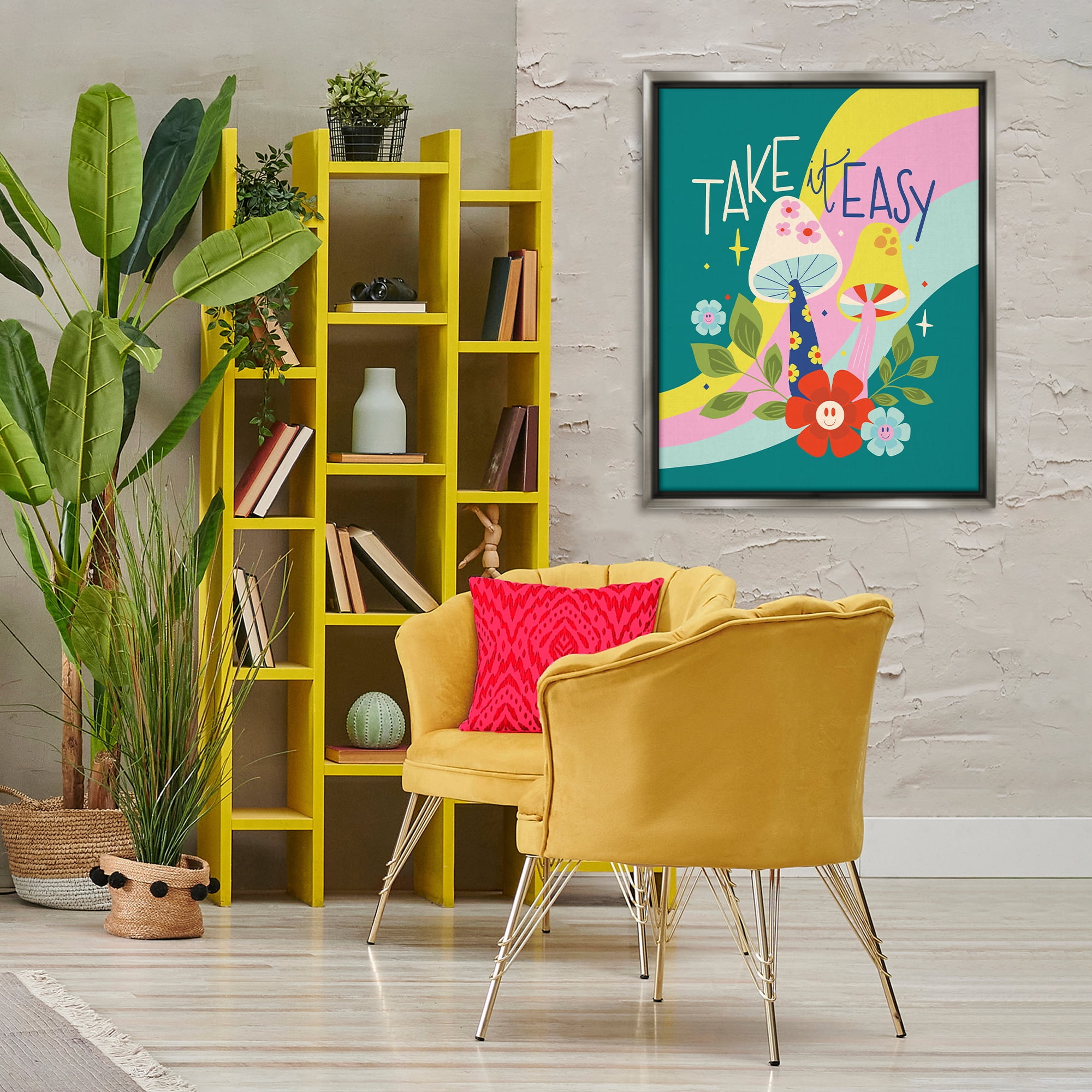 Stupell Industries Take It Easy Mushrooms Plants & Flowers Painting Gray Floater Framed Canvas Art Print Wall Art, 25 x 31