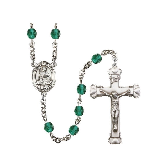 St. Walburga Silver-Plated Rosary 6mm December Blue Fire Polished Beads Crucifix Size 1 5/8 x 1 medal charm