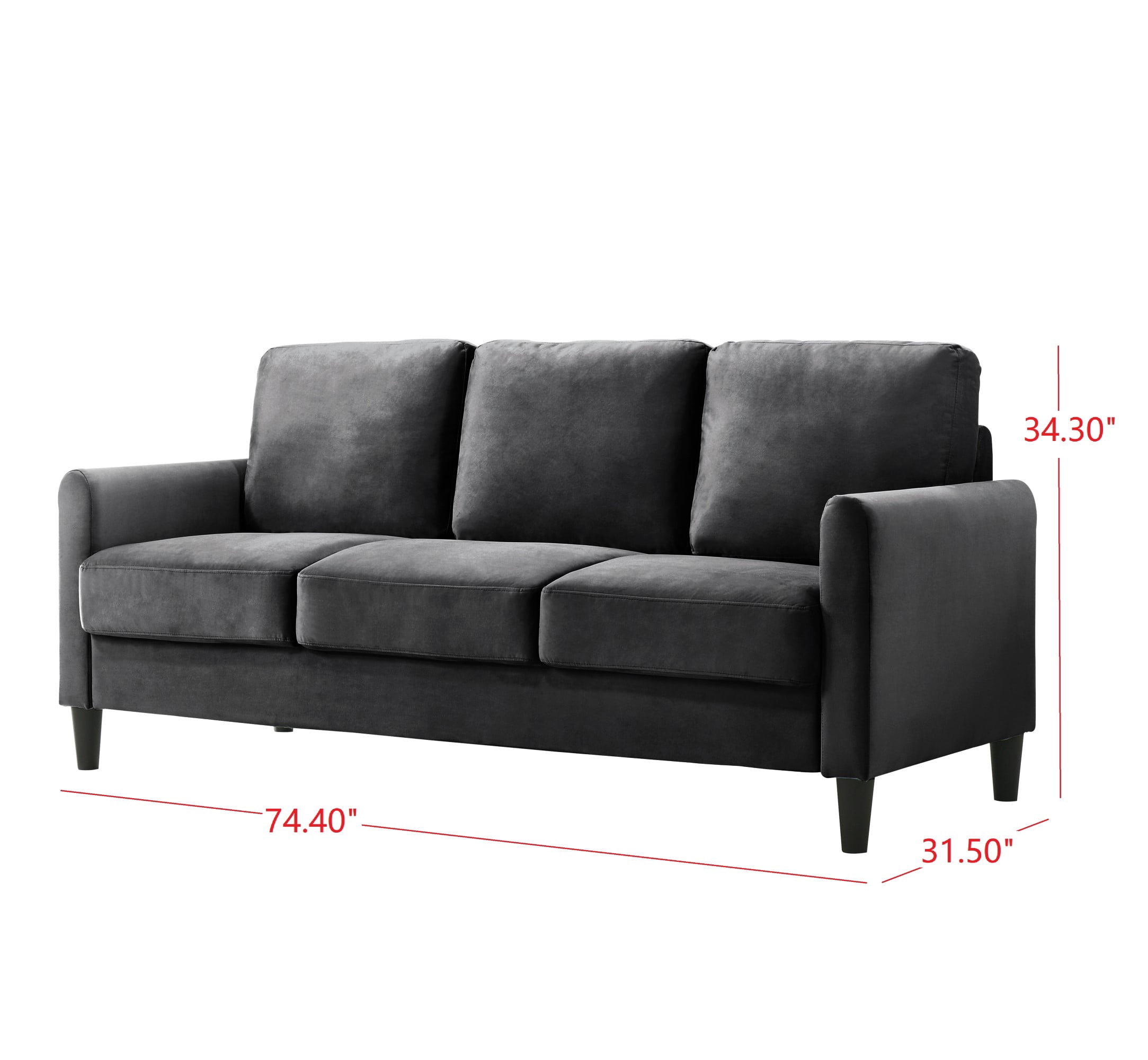 Home Design Airell Velvet Arm Sofa with Plush Armrests and Sleek Black Legs, Modern Upholstered Design for Living Room, Dark Gray