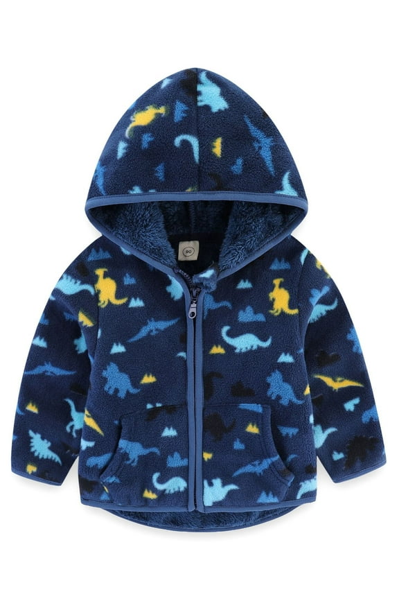 Little Boys Polar Fleece Jacket Hooded Kids Autumn Winter Long Sleeve Thick Warm Outerwear - Dinosaur