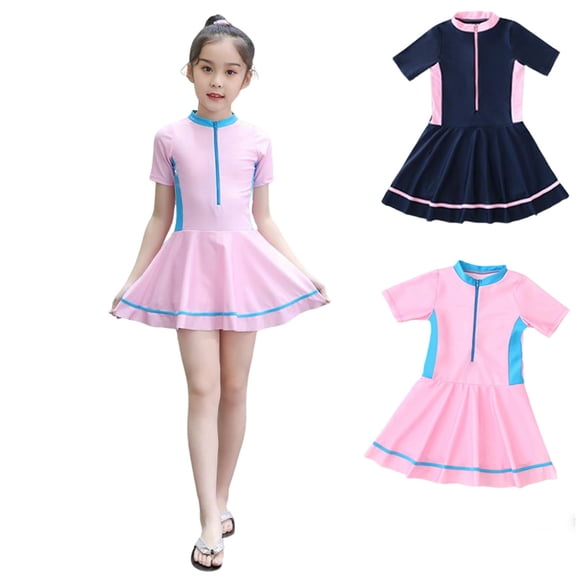 Girls Swim Kids Swimsuit Color Contrast Short Sleeve Zipper Front Shirts Dress Swimwear for Kids Bathing