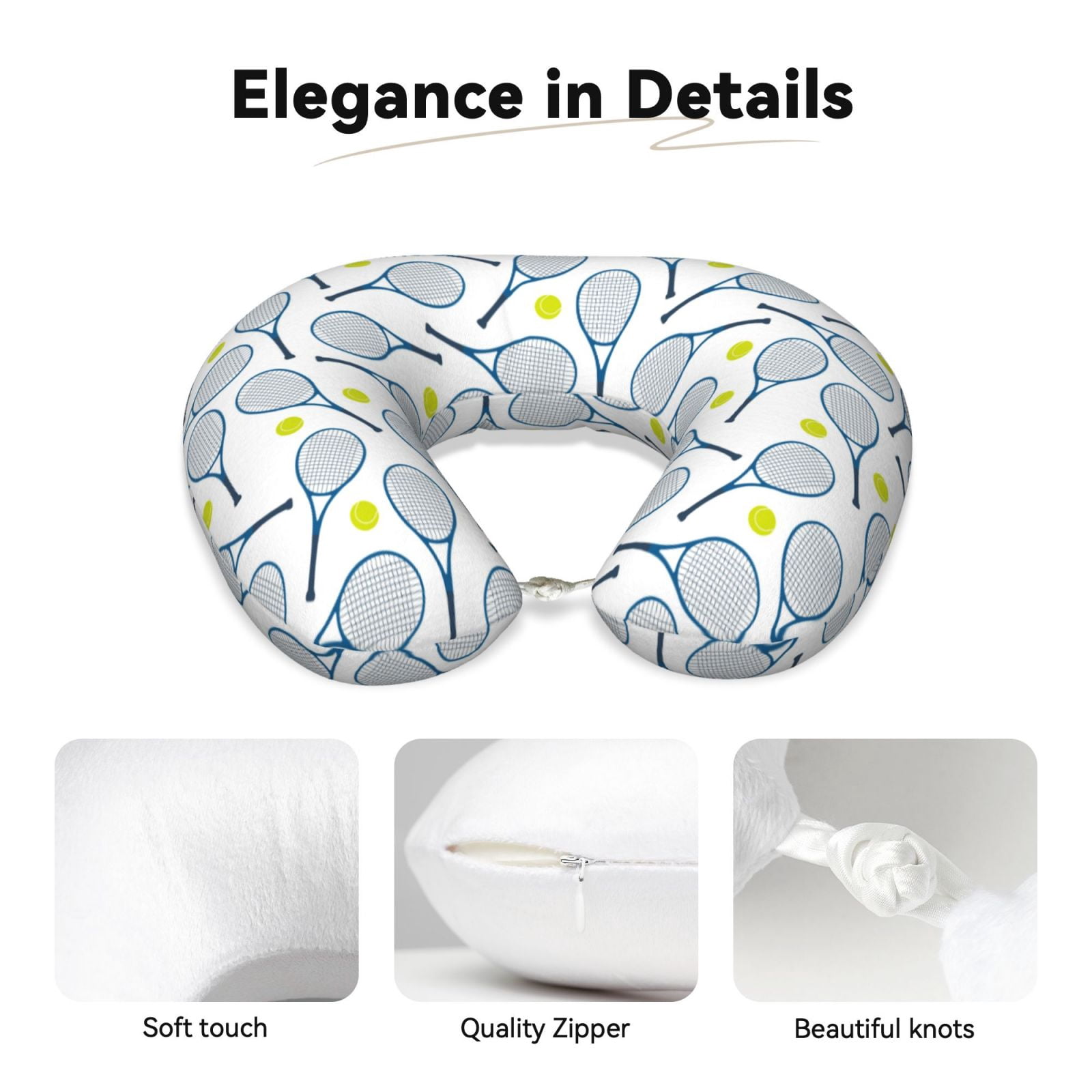 Xecao Tennis Rackets And Balls Print Memory Foam Cervical Neck Pillow Versatile U-Shaped Pillows for Home,Office,Camping,Travelling,Soft Washable Cover