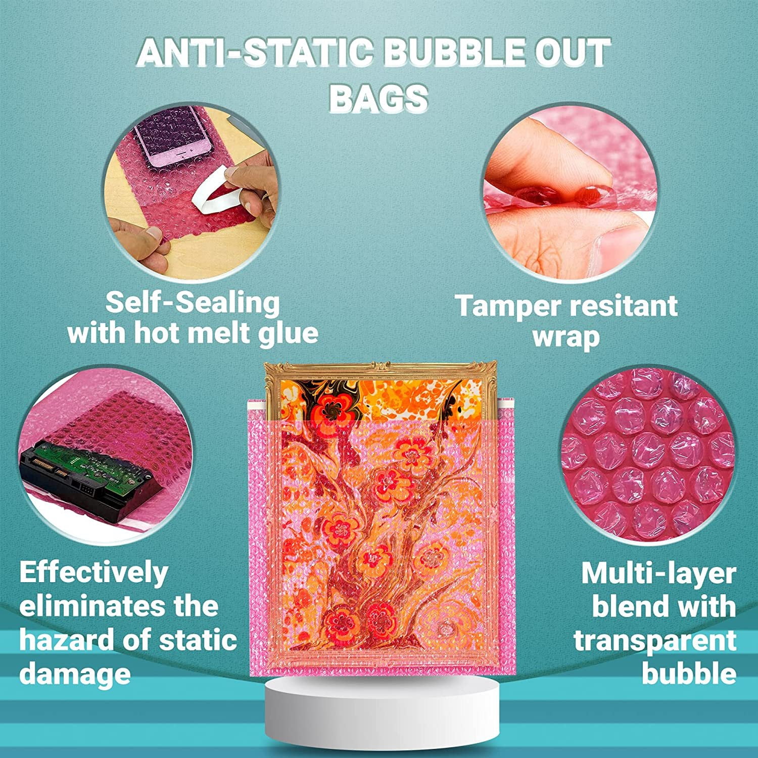 APQ Anti-Static Bubble Out Bags 20 x 20 Inch, Pack of 10 Pink Self Seal Bubble Pouches, Waterproof PE Anti Static Bubble Bags for Packing Electronics, Ornaments, Cushioning Sturdy Double Bubble Bag