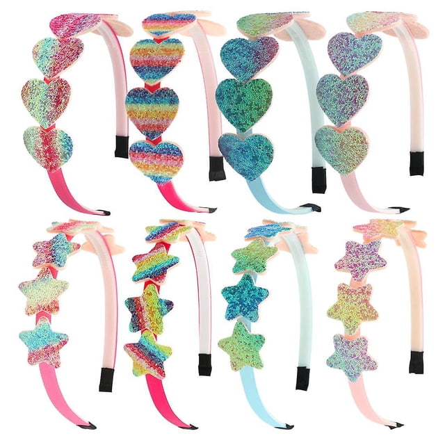 Diademas de arcoíris 8 Uds. Diadema dulce para niños, diademas para niñas con estampado de lentejuelas, diadema de sirena con corazón, piezas para el cabello para niños