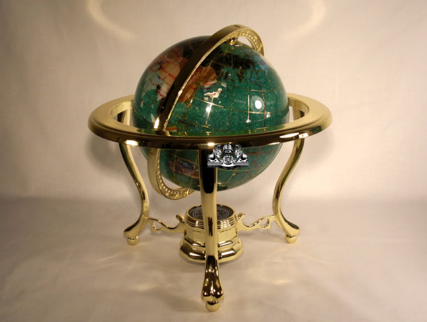 10" Tall Table Green Crystallite Ocean Gemstone World Globe with Gold Tripod Std 