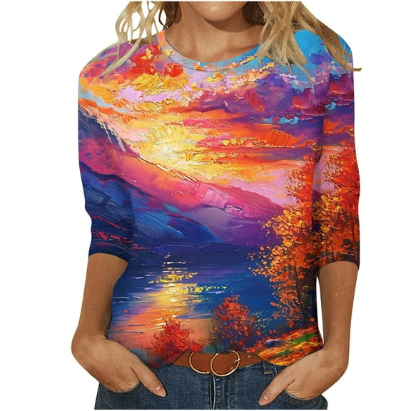 MaFYtyTPR Women's Fashion Printed T-shirt 3/4 Sleeves Blouse Round Neck Casual Tops New Edition Top Shirt Multicolor M