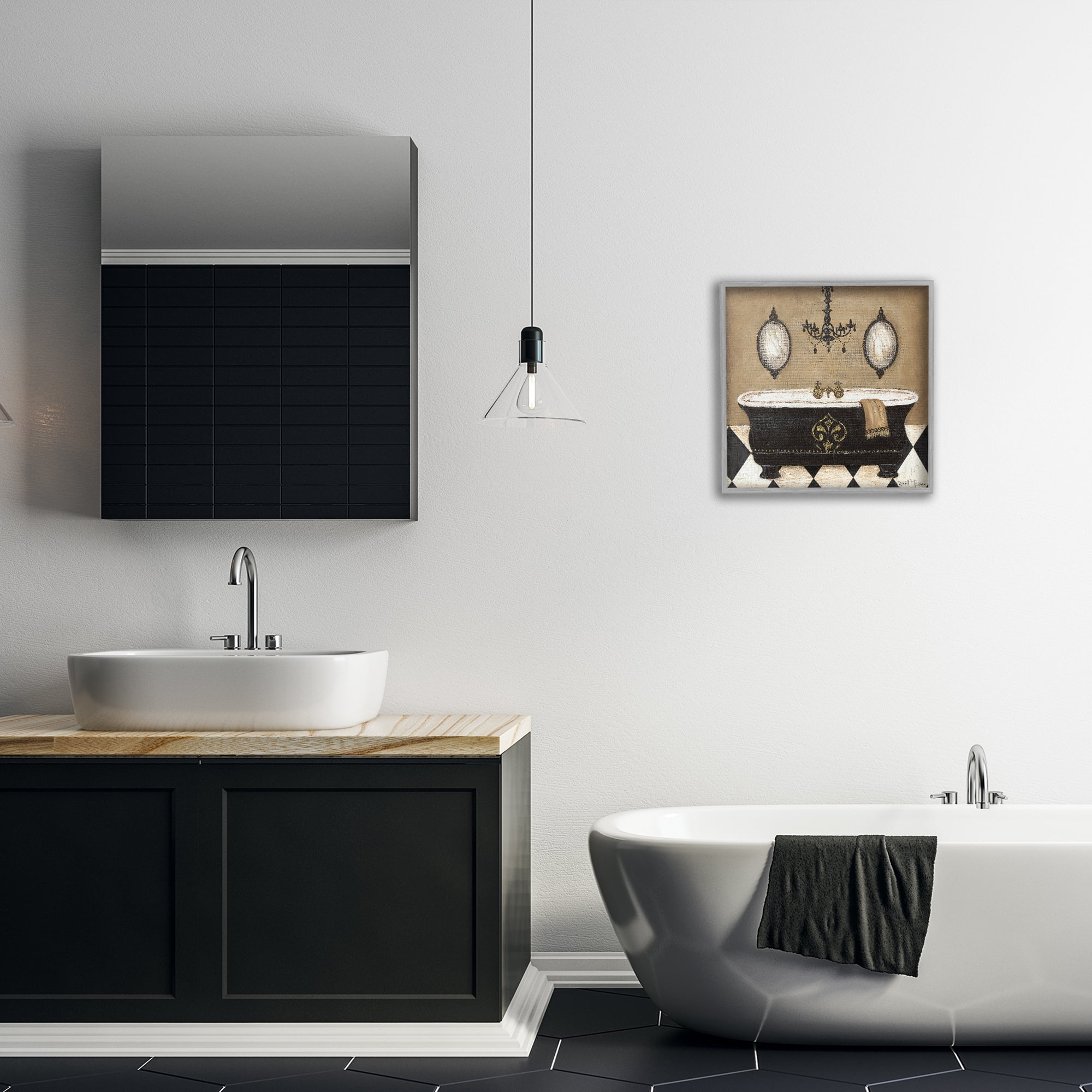 Stupell Industries Elegant Bathtub & Chandelier Gray Framed Giclee Art, design by Janet Tava